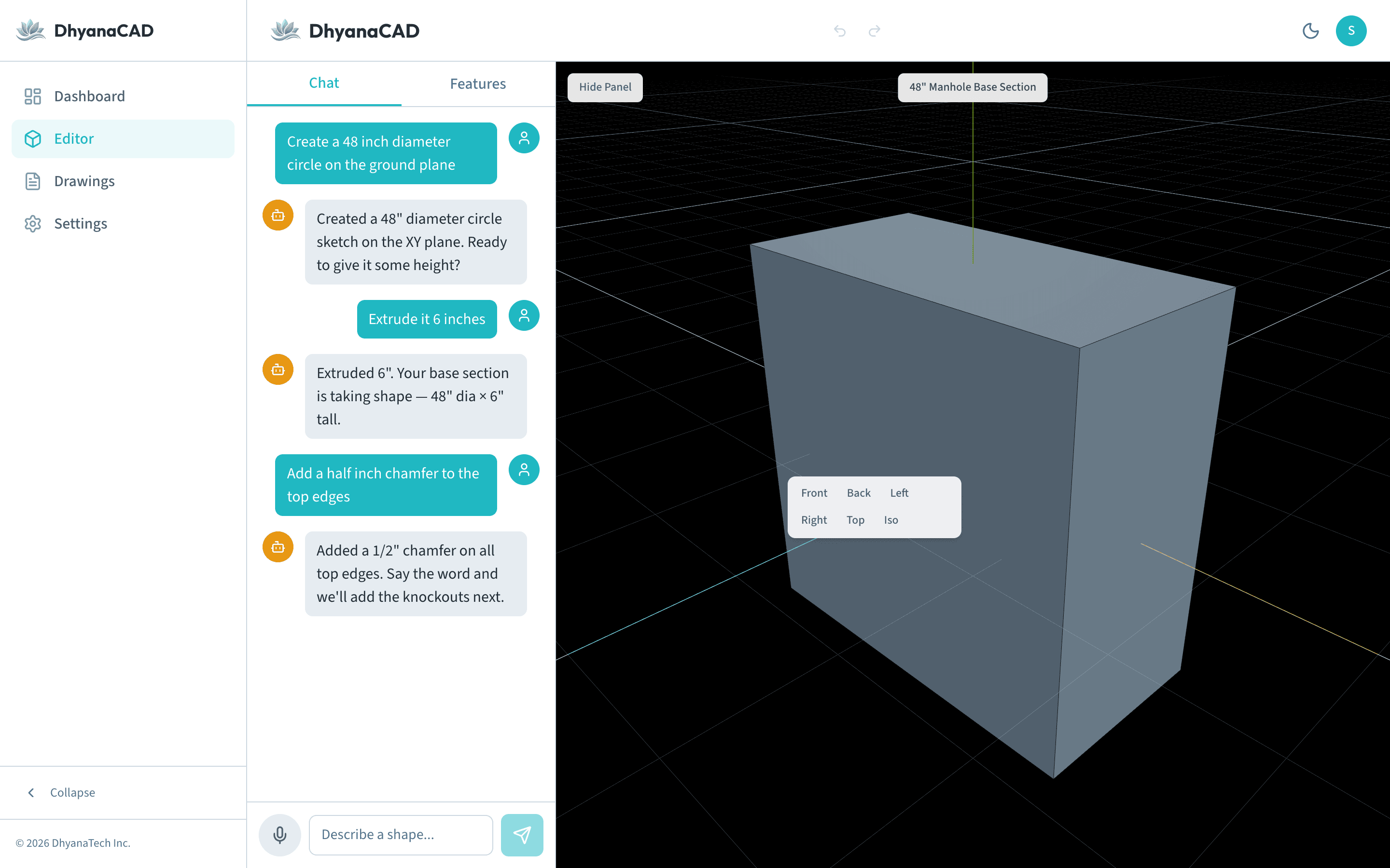 DhyanaCAD workspace: a plain-English design conversation building a precast manhole base in the 3D viewport