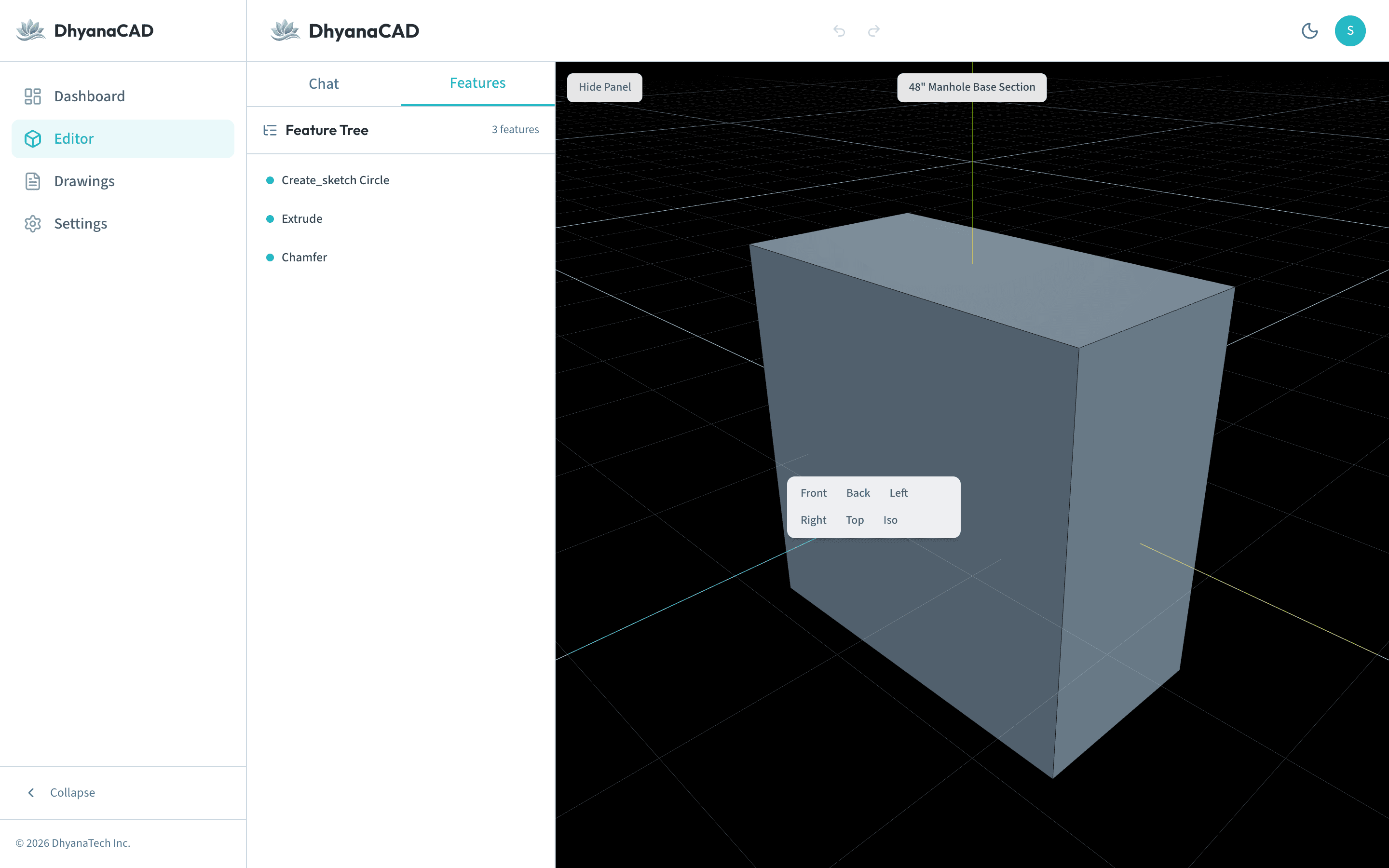 DhyanaCAD feature tree listing each modeling operation as an editable step