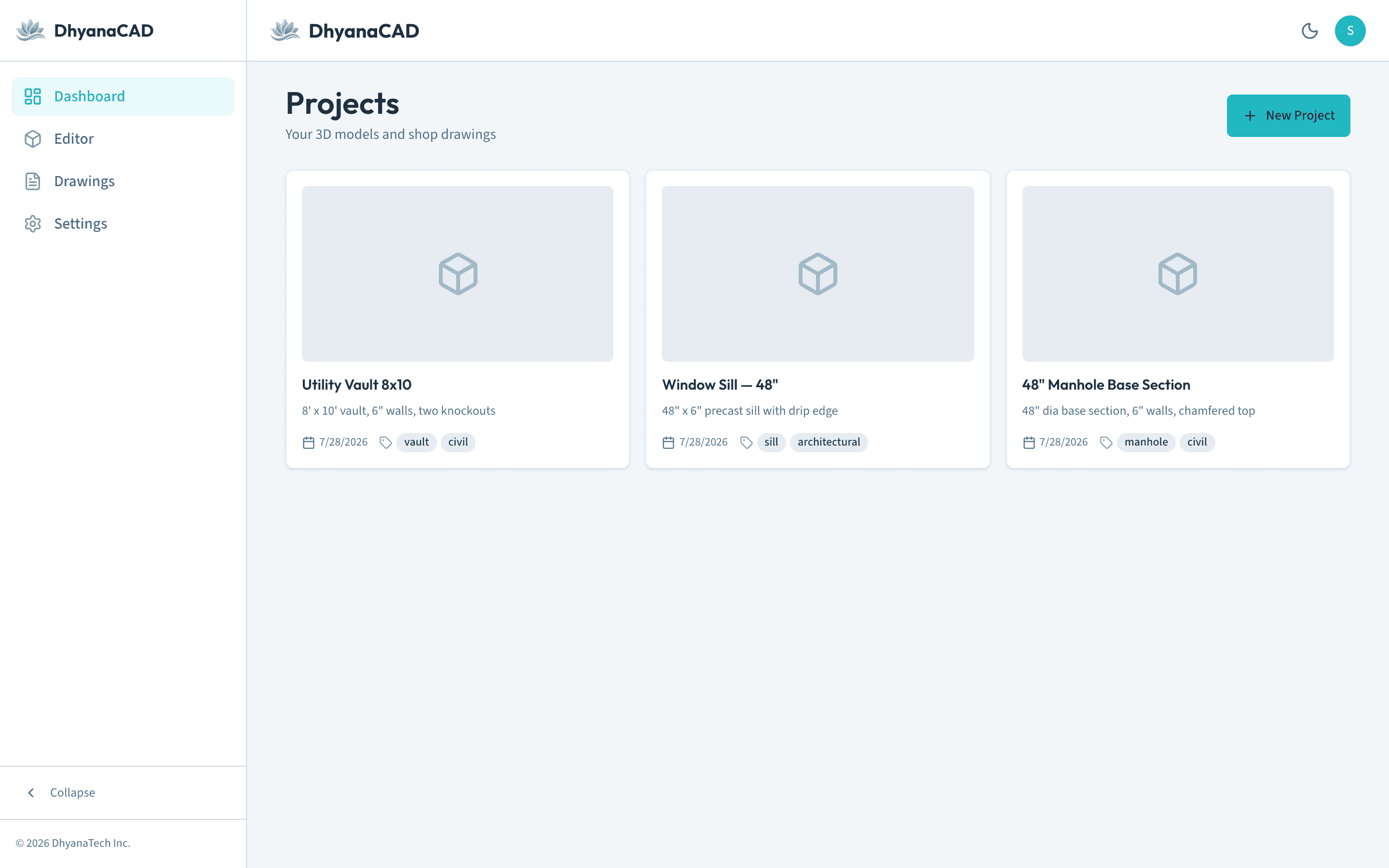 DhyanaCAD projects dashboard with saved precast pieces