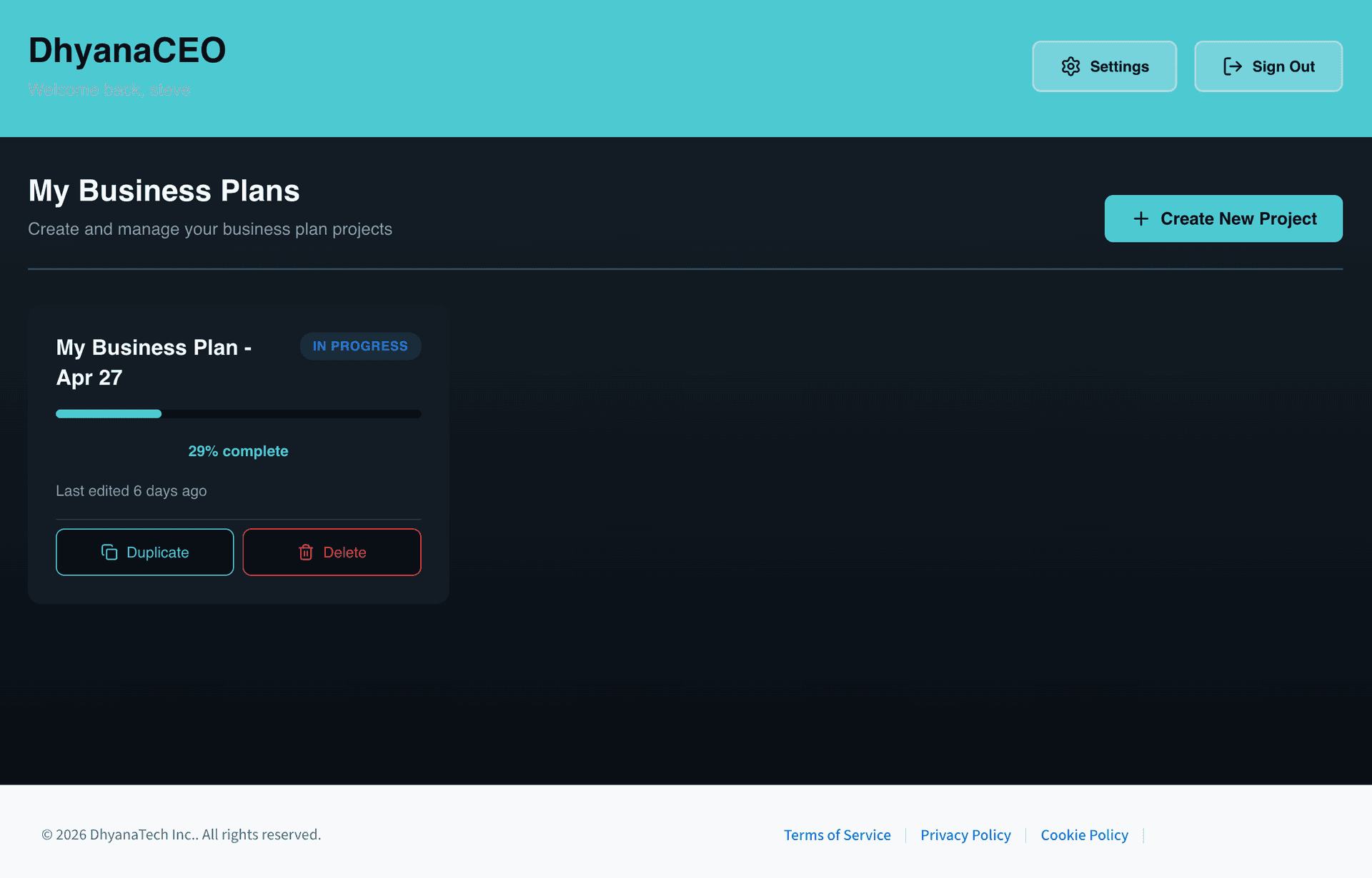 DhyanaCEO Dashboard - AI-Powered Business Planning Platform