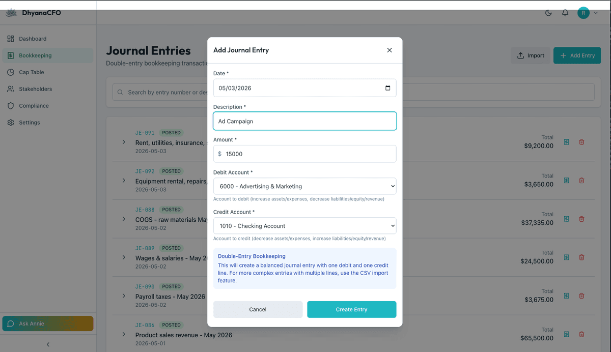 DhyanaCFO Journal Entry - Double-Entry Bookkeeping