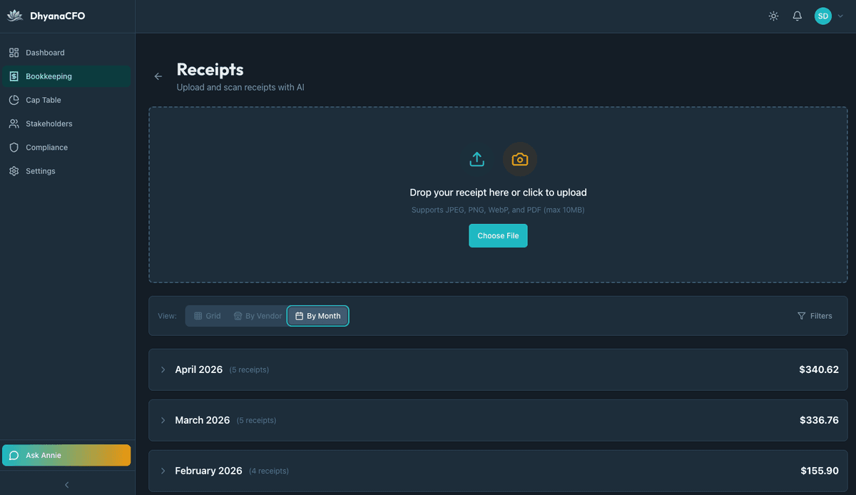 DhyanaCFO Receipt Upload - AI-Powered Receipt Scanning