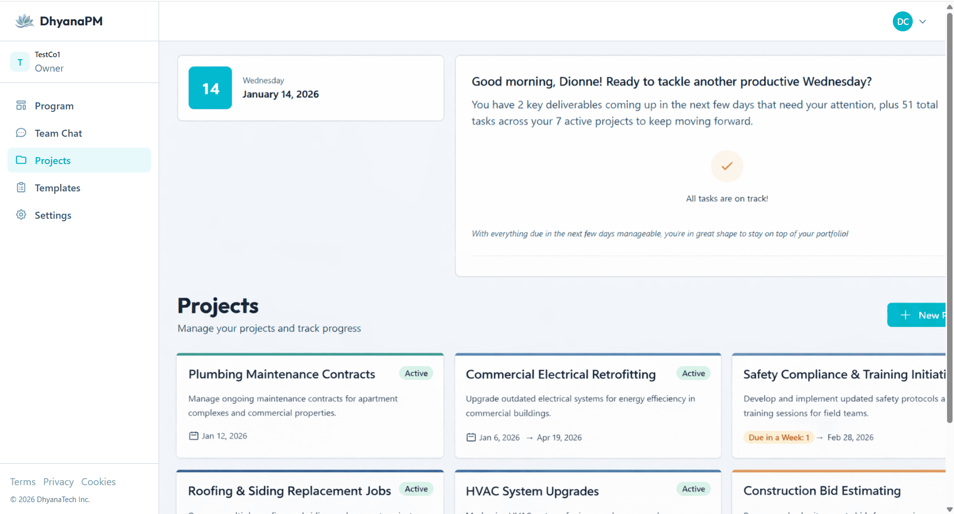DhyanaPM Dashboard - Project Management Software Interface