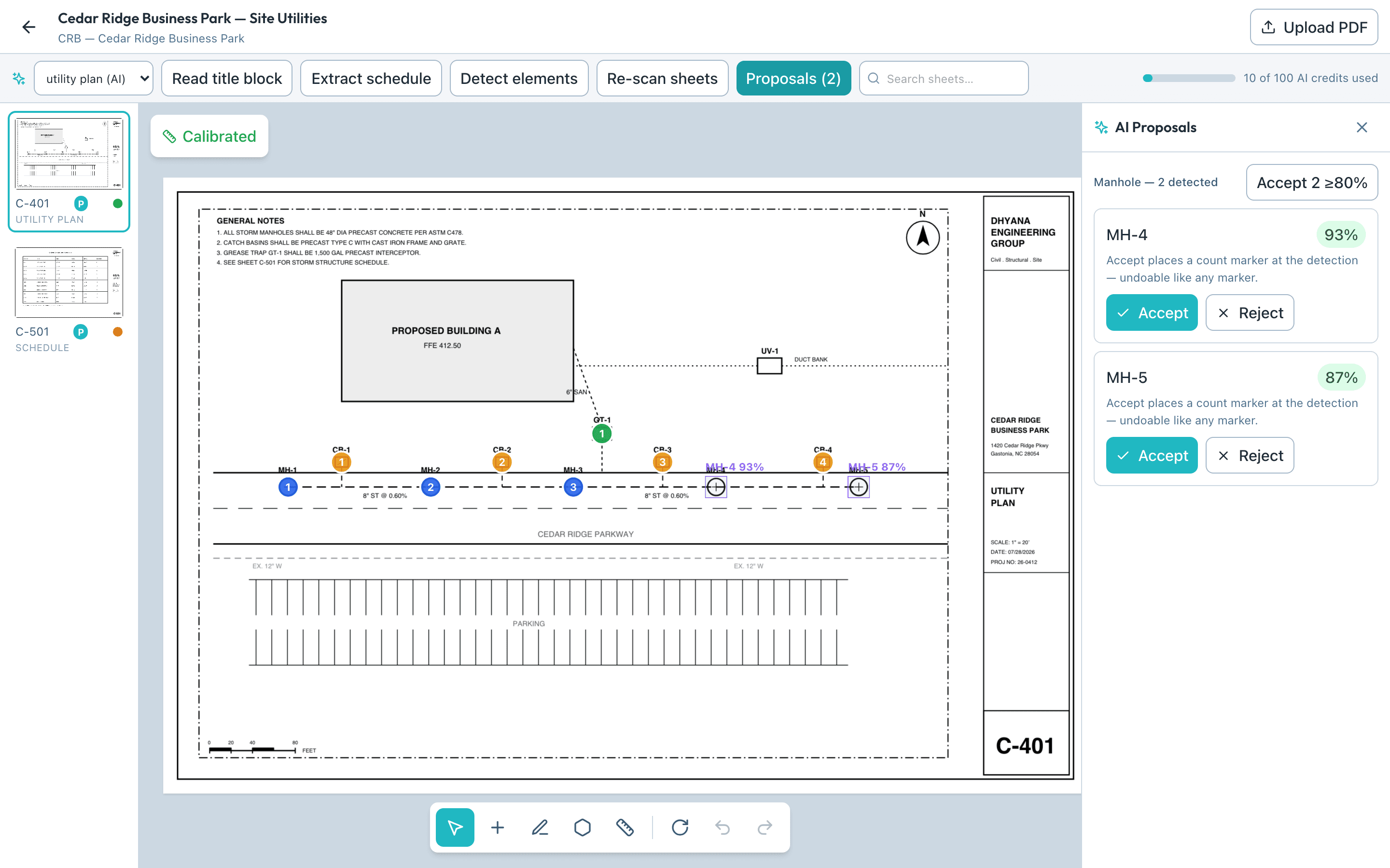 DhyanaTakeoff AI proposal review panel with accept and reject controls on detected manholes