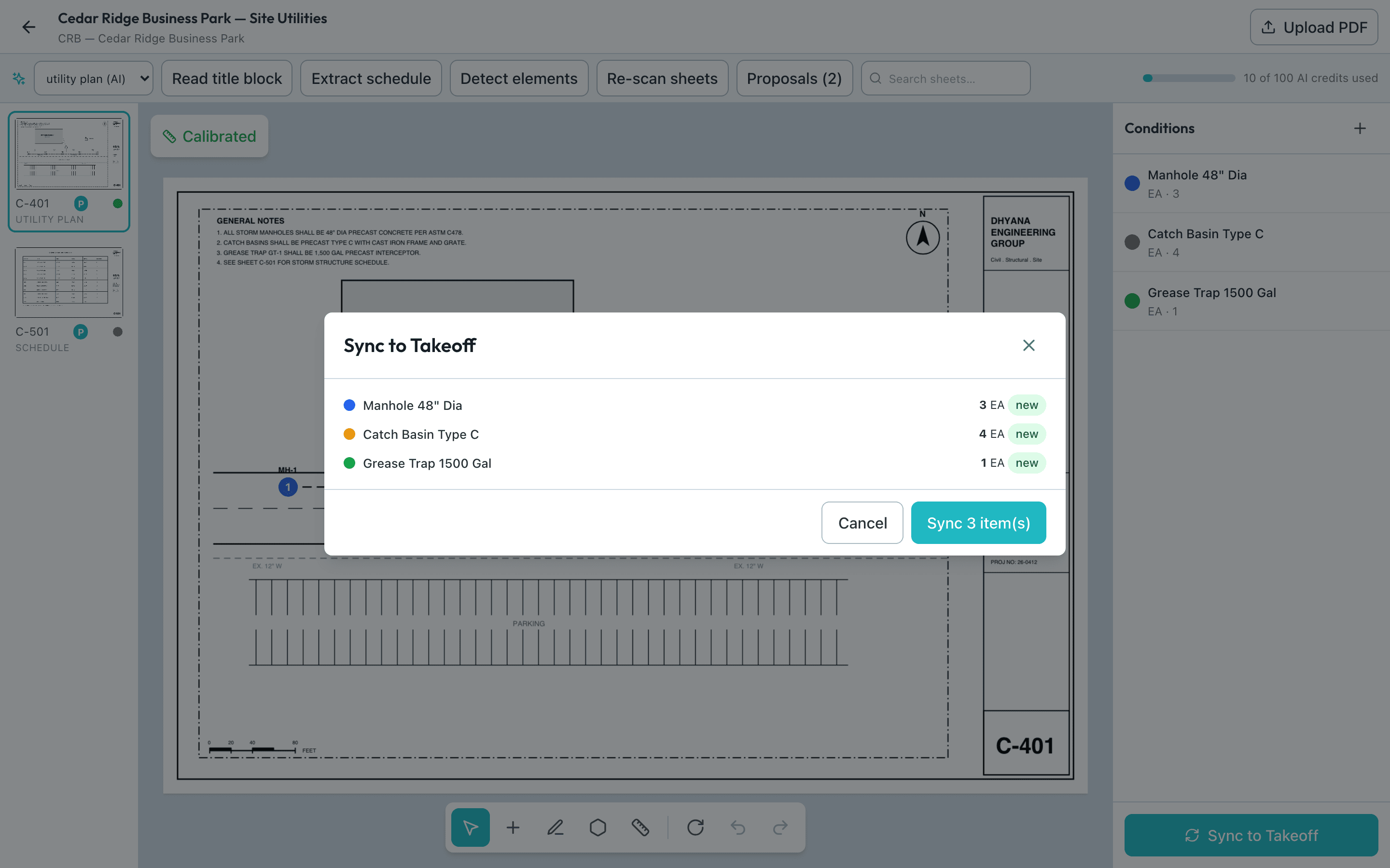 DhyanaTakeoff sync dialog showing measured conditions becoming priced DhyanaERP takeoff items