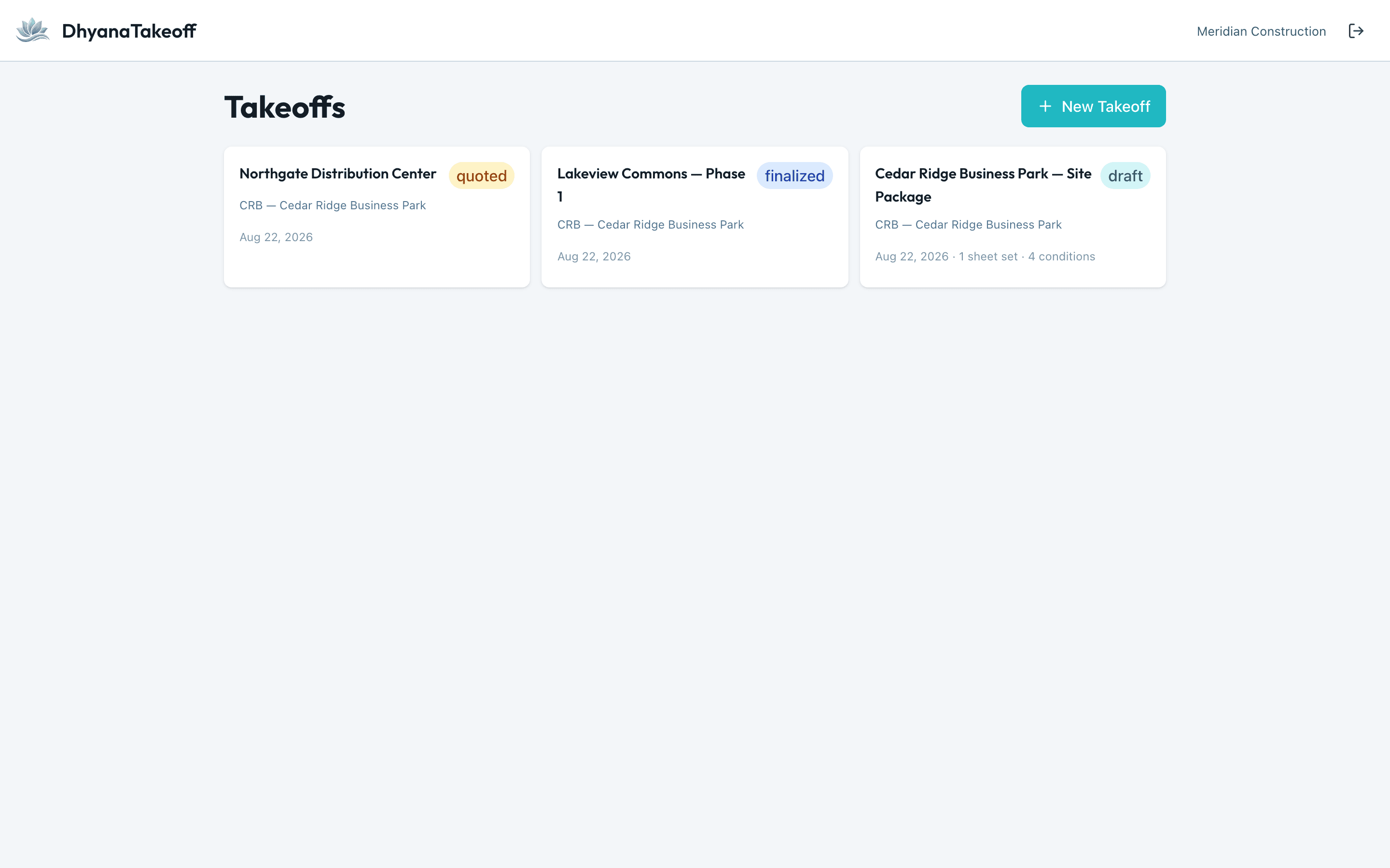 DhyanaTakeoff takeoffs list: saved takeoff projects with status, location, and sheet counts