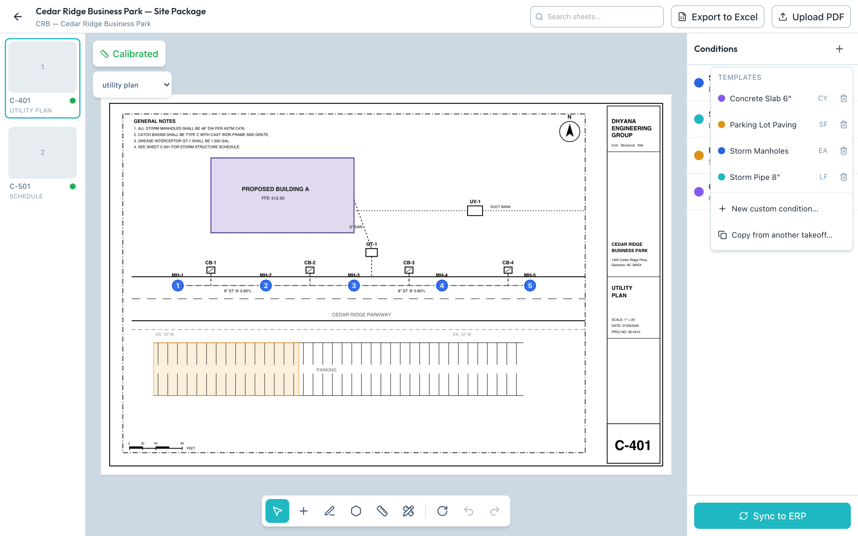 DhyanaTakeoff reusable condition templates menu with a saved library spanning linear feet, square feet, cubic yards, and count