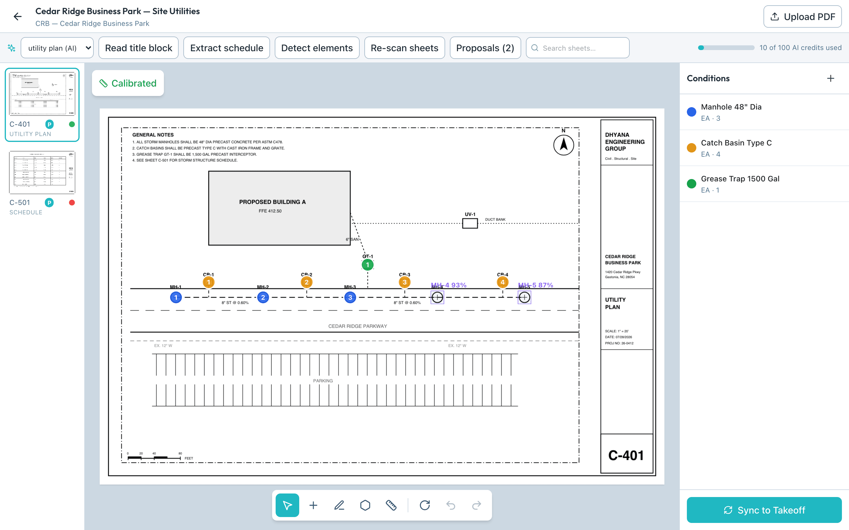 DhyanaTakeoff workspace: a utility plan with counted manholes and catch basins, AI detection proposals, and the conditions panel