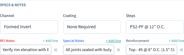 DhyanaERP Specs & Notes section with channel, coating, and steps specs plus RFI, special, and reinforcement note lists
