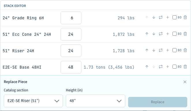 DhyanaERP Stack Editor listing base, riser, cone, and grade ring courses with per-piece controls