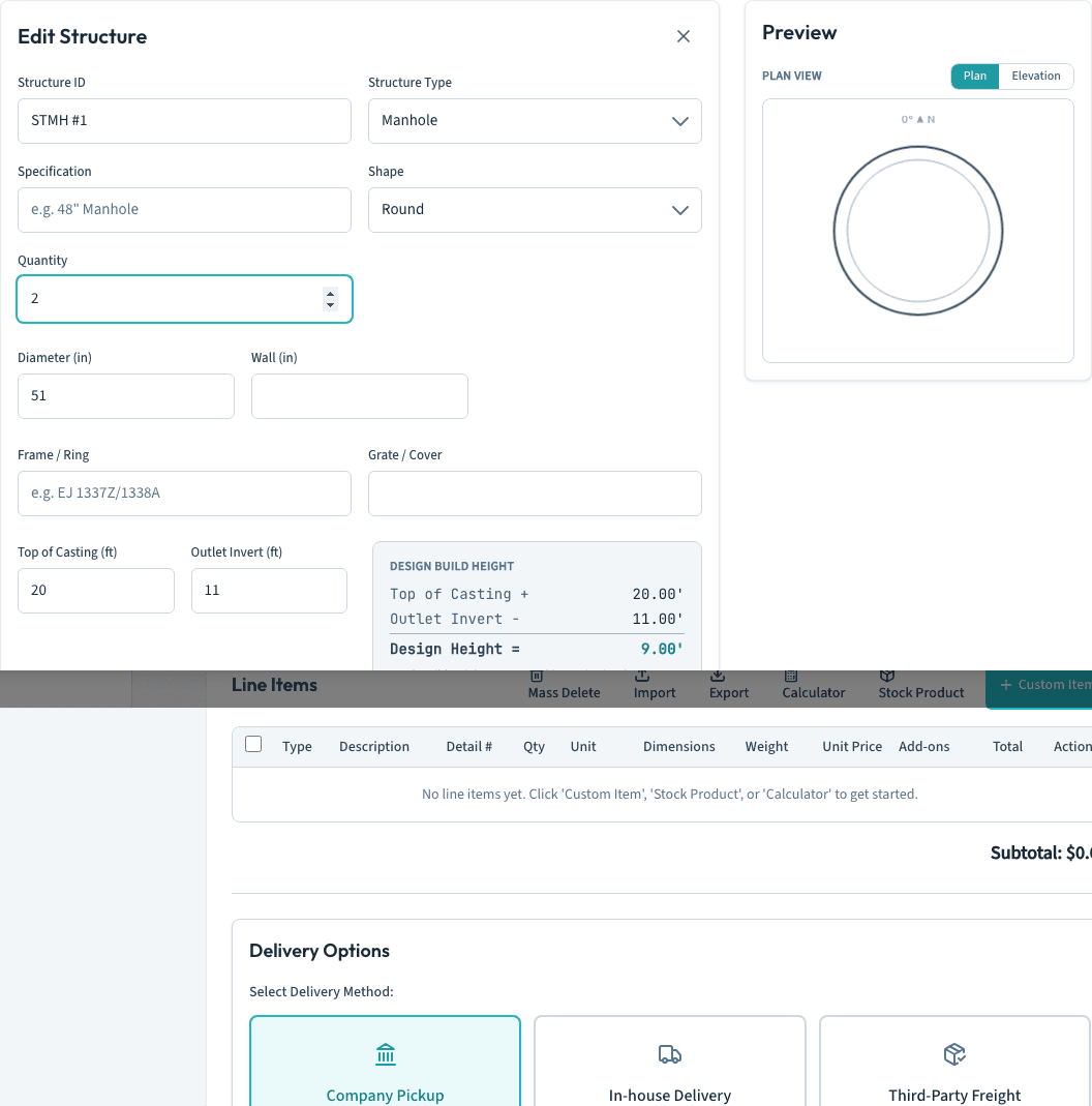 DhyanaERP precast structure editor with datum elevations, live design height, and a plan-view preview
