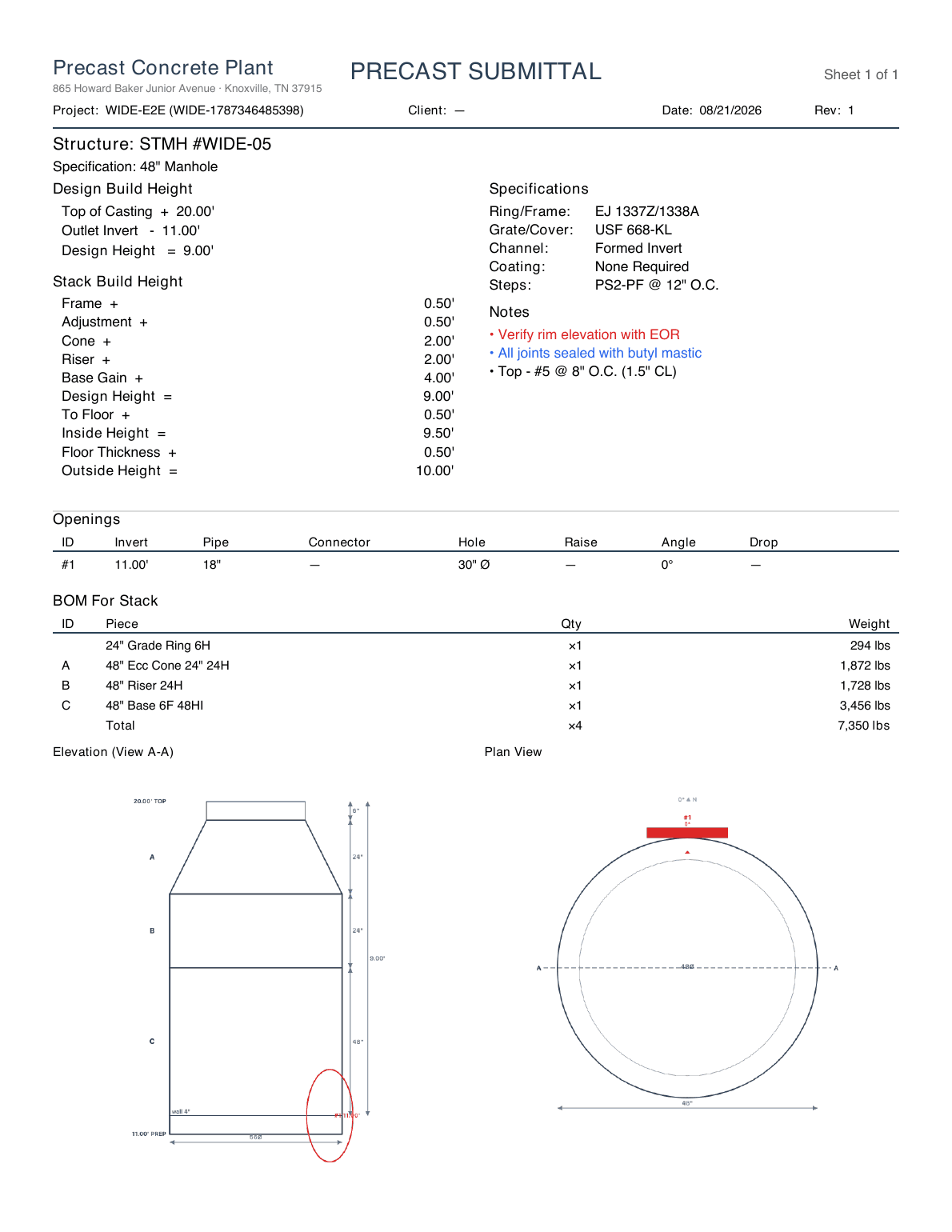DhyanaERP generated precast submittal sheet with build heights, spec column, colored notes, BOM, and dimensioned drawings