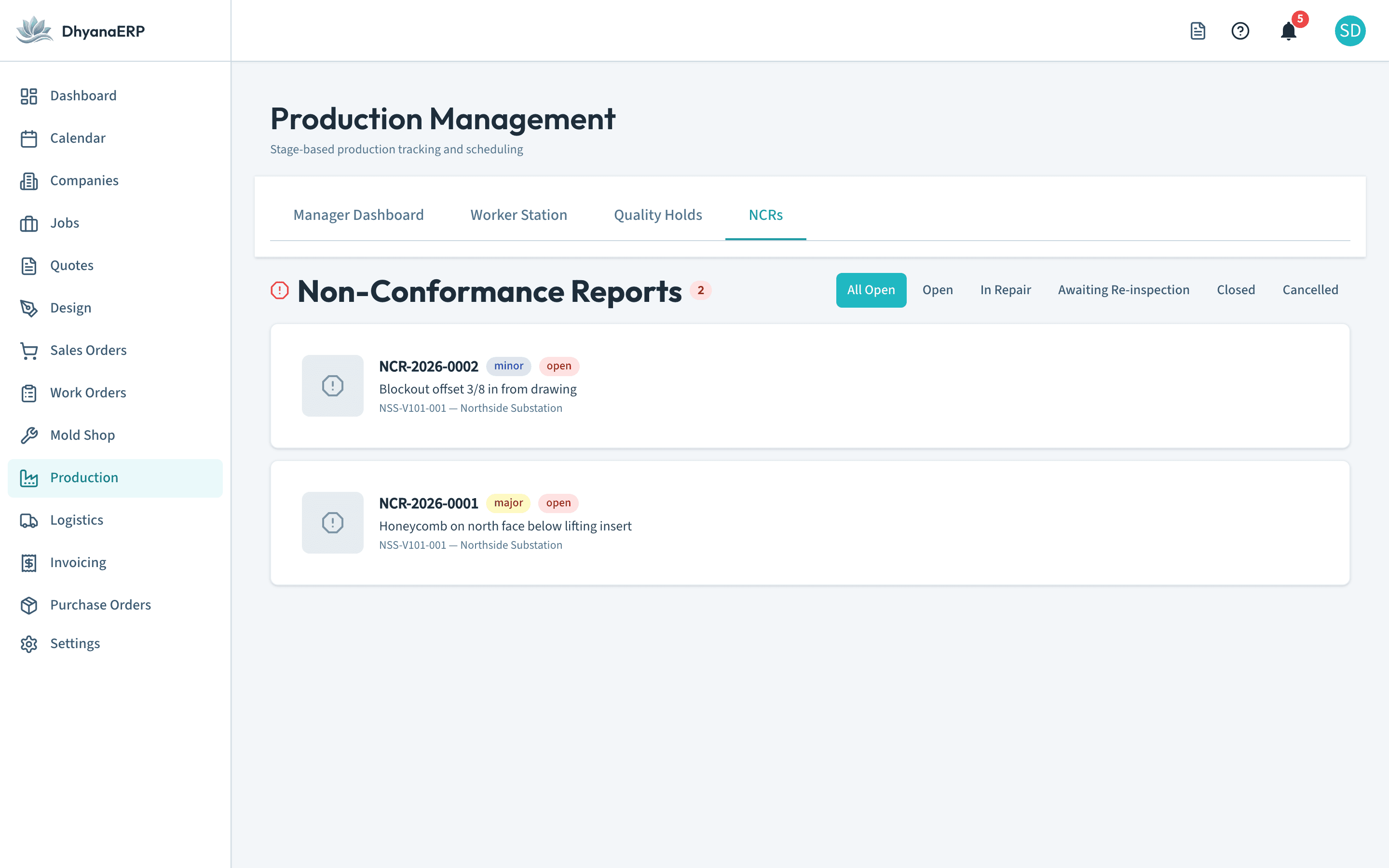 DhyanaERP non-conformance report tracking board with severity and status filters