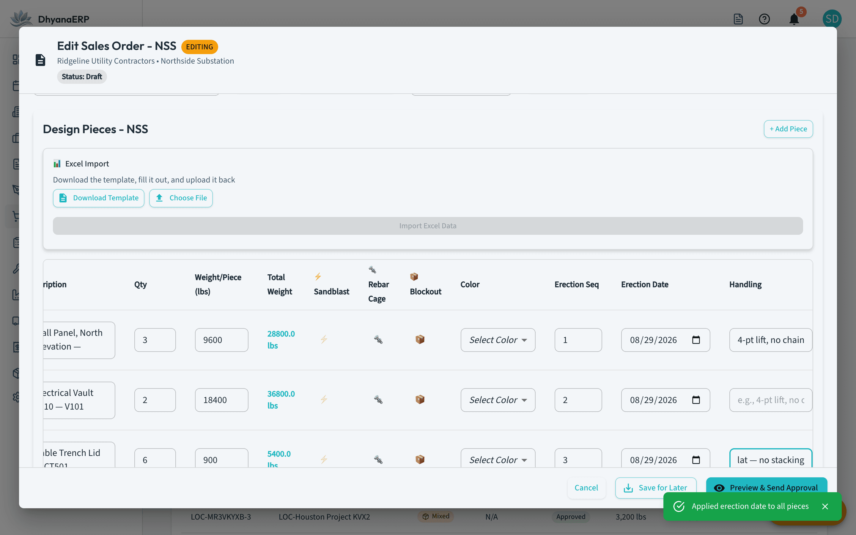DhyanaERP sales order editor with erection sequence, erection date, and handling notes columns