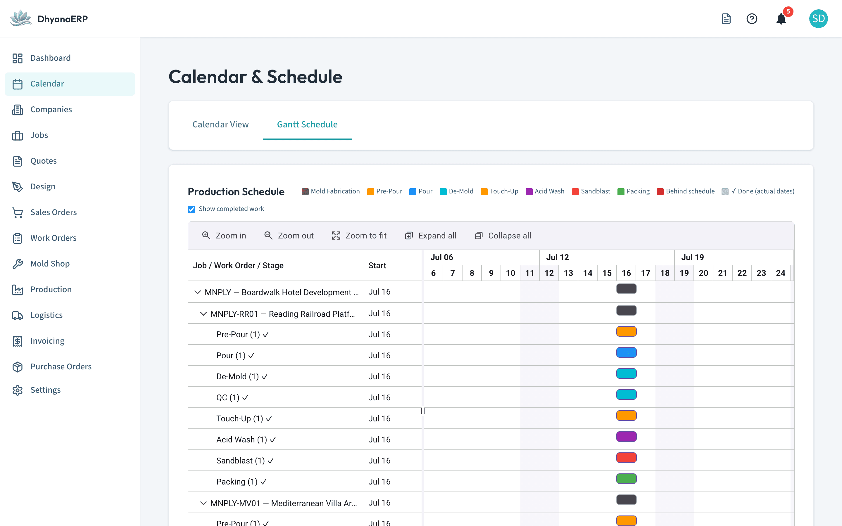 DhyanaERP Gantt production schedule with stage bars for each work order