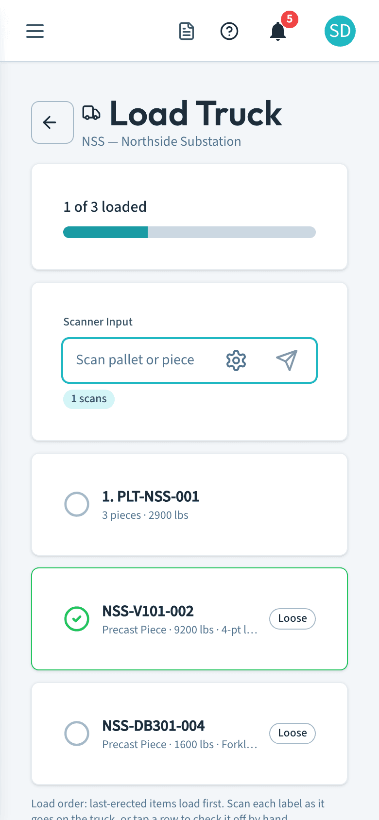 DhyanaERP Load Truck screen on a phone with scan input and load progress