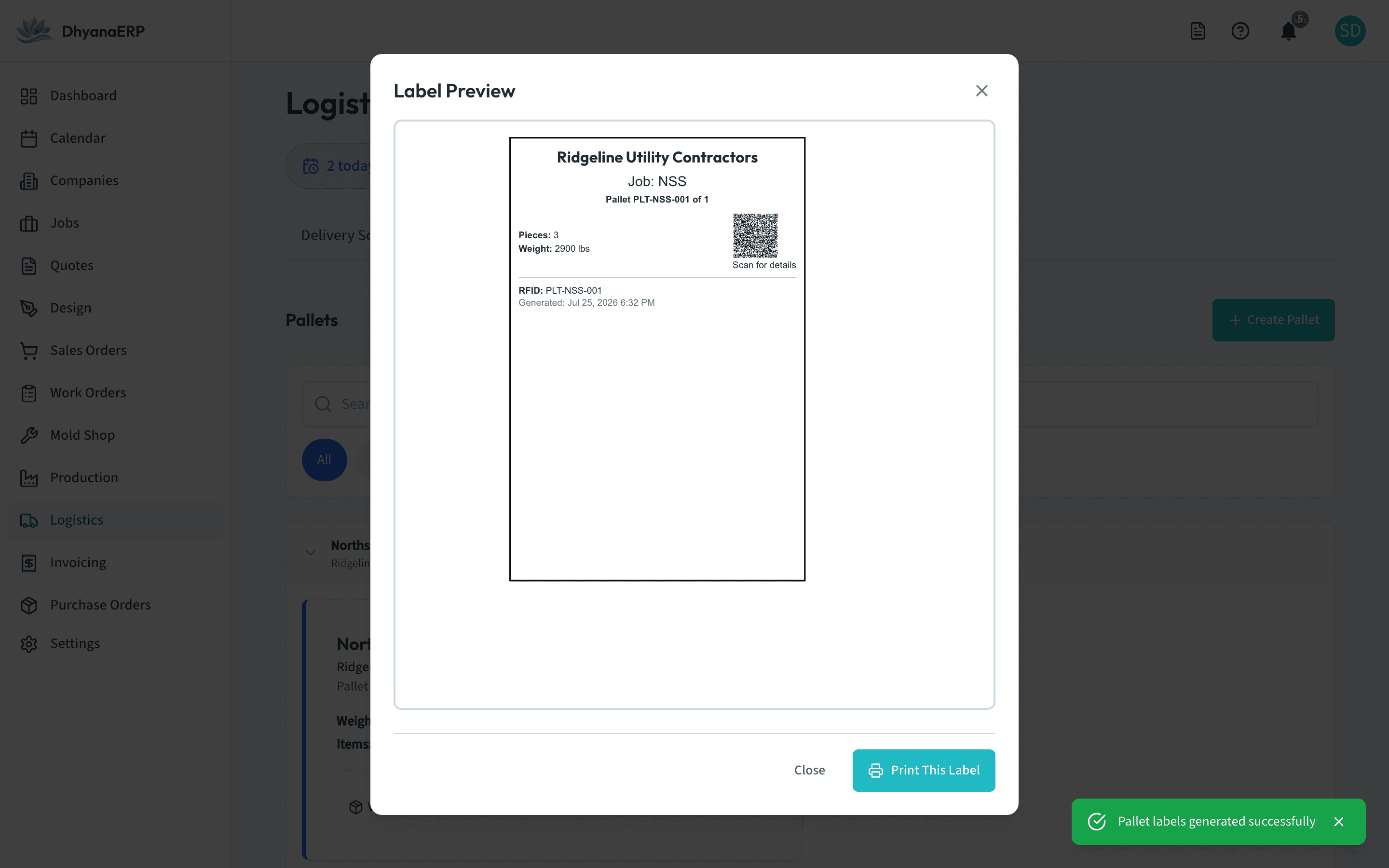 DhyanaERP pallet label preview with QR code and job details