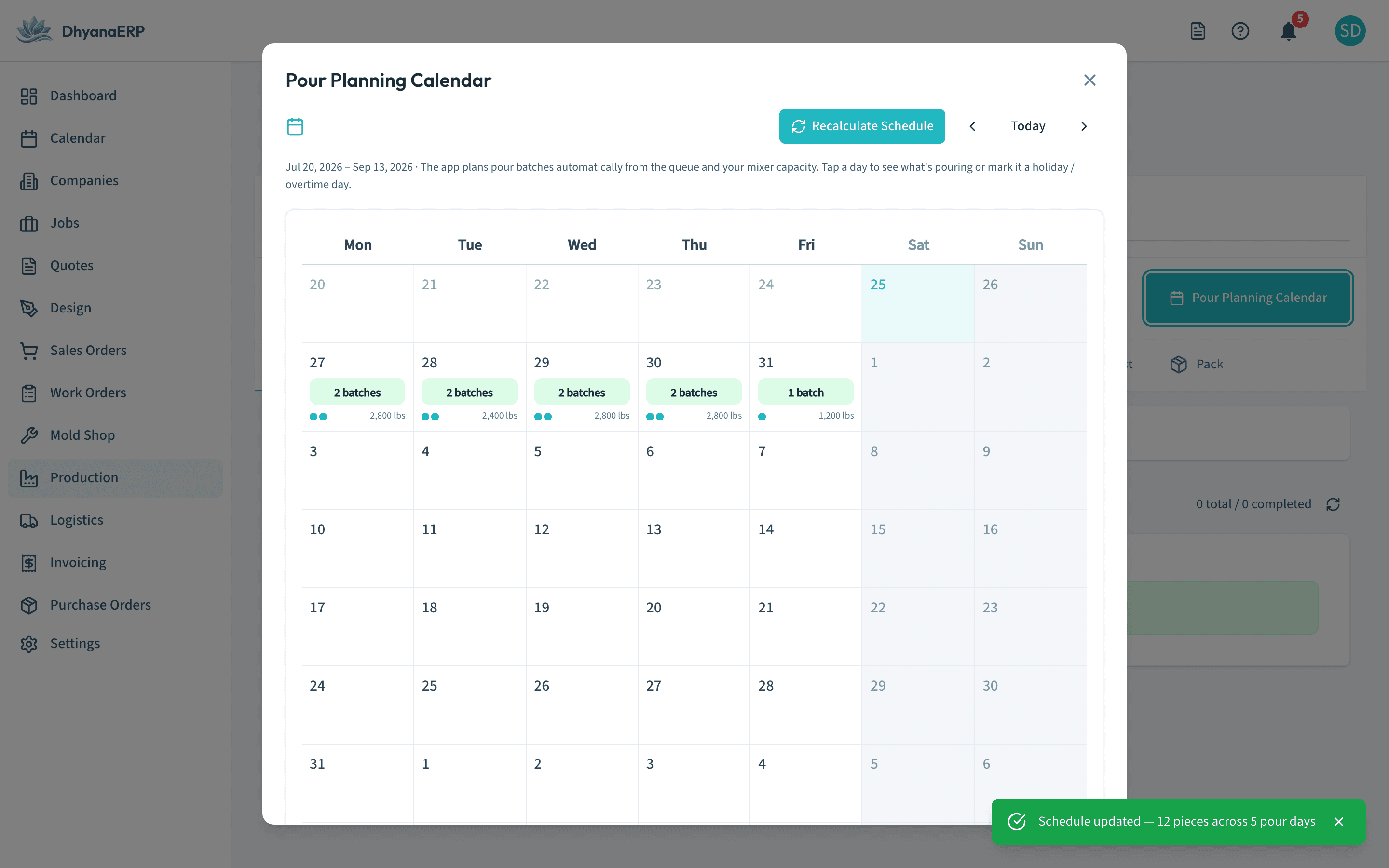 DhyanaERP pour planning calendar with computed daily batches and weights