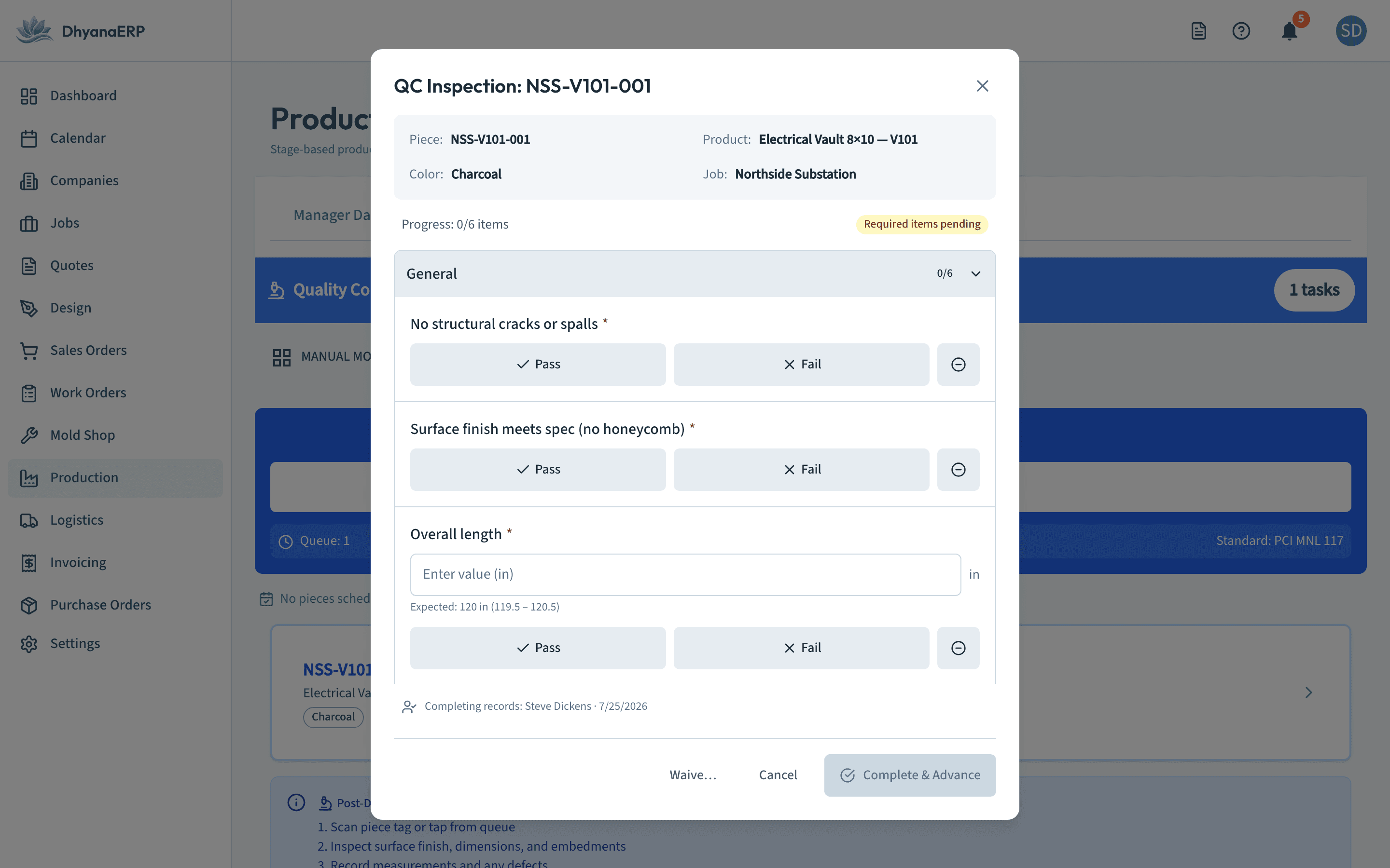 DhyanaERP QC inspection checklist with pass/fail items and a measured tolerance field