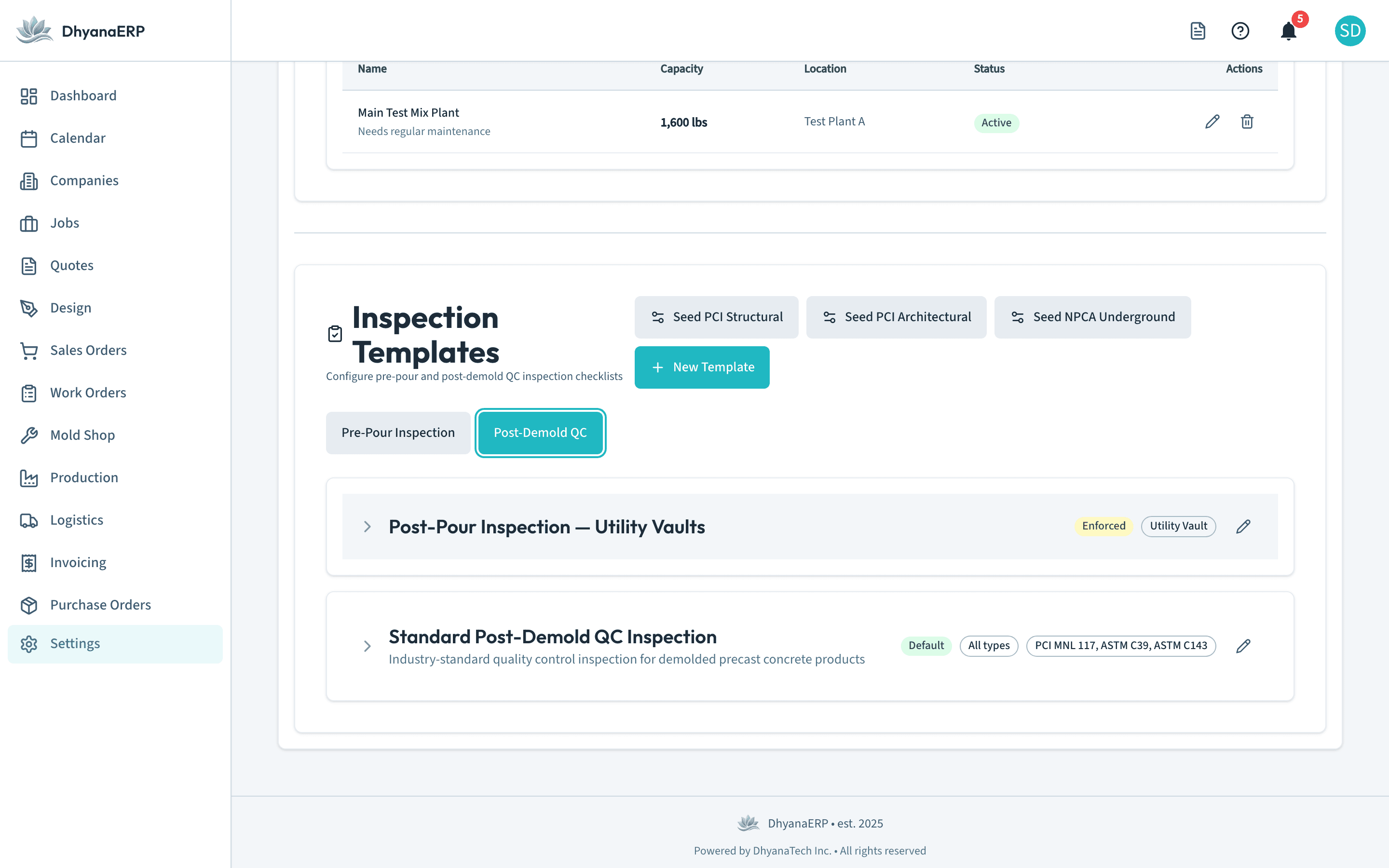 DhyanaERP inspection template editor with PCI and NPCA seed templates bound to element types